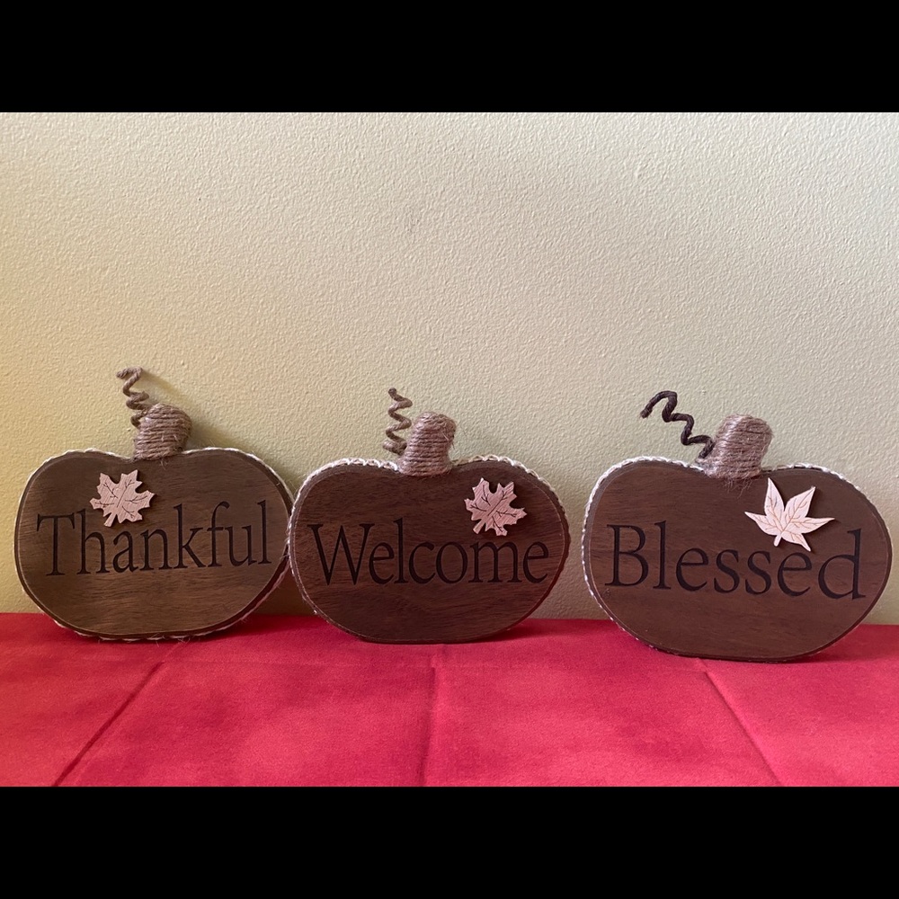 3 Wood Handmade Pumpkins reading Blessed, Thankful, Welcome